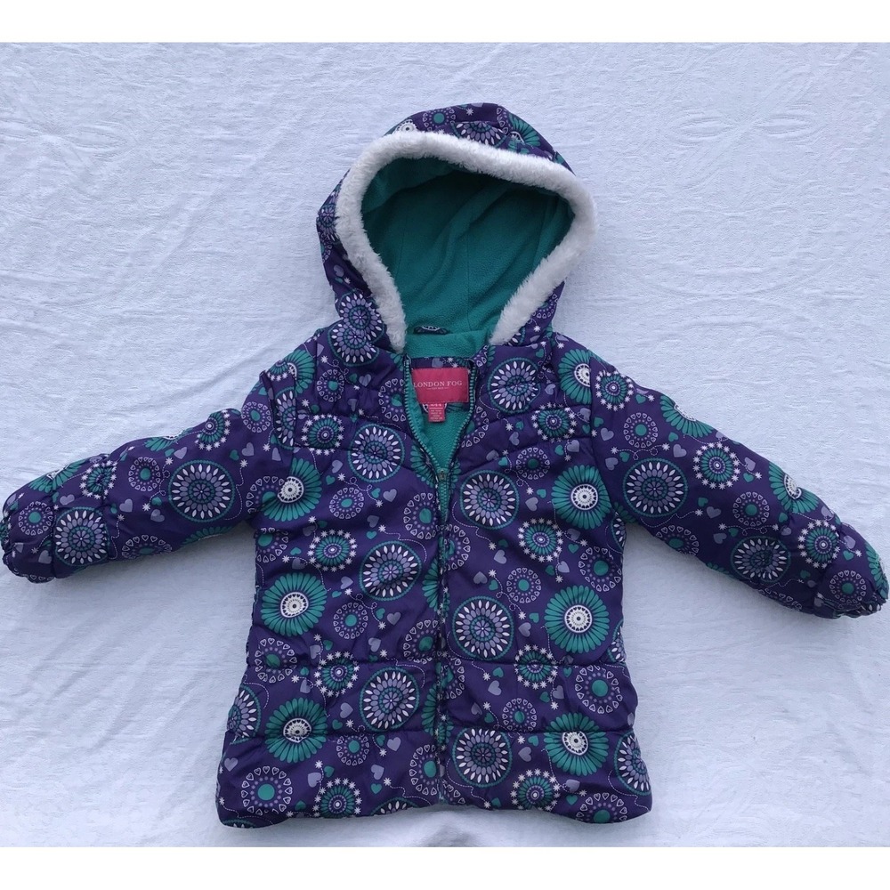 London Fog Puffer Jacket TODDER M/5-6 Purple Zip Up Hooded Winter Coat Toddler